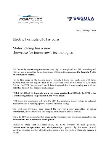 Electric Formula EF01 is born Motor Racing has a new ... - Segula