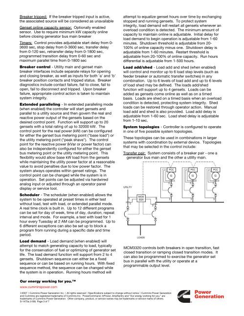 Power Command Generator set control PowerCommand MCM3320 - Cummins Inc.