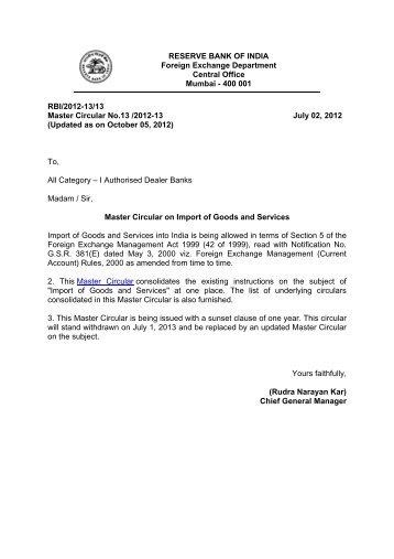 Master Circular on Import of Goods and - Reserve Bank of India