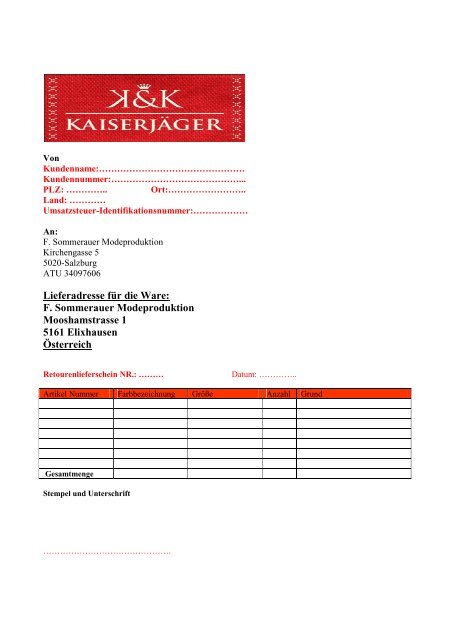Retourenschein Download - K & K Kaiserjäger