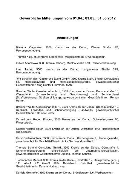 Gewerbliche Mitteilungen vom 01.04.; 01.05 ... - Krems an der Donau