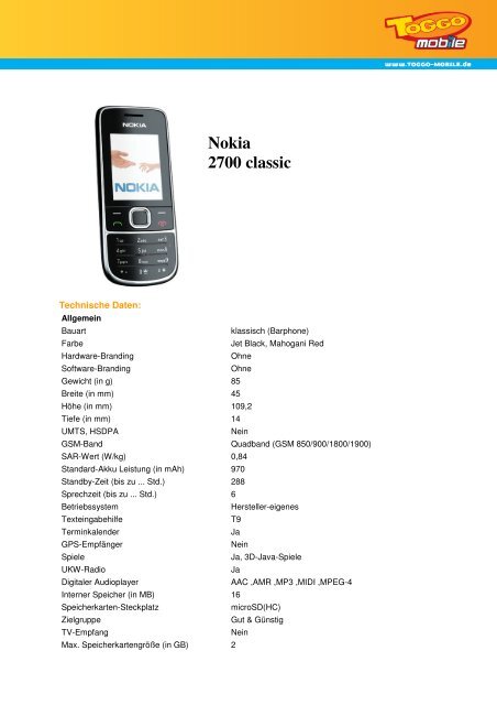 Datenblatt Nokia 2700 classic - TOGGO mobile