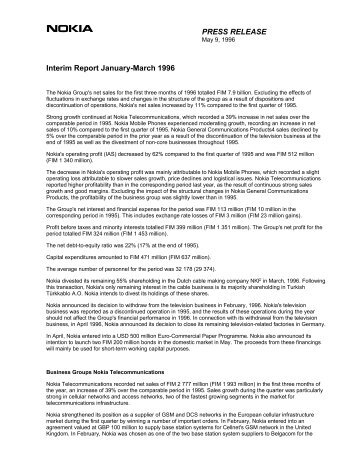 PRESS RELEASE Interim Report January-March 1996 - Nokia Trader