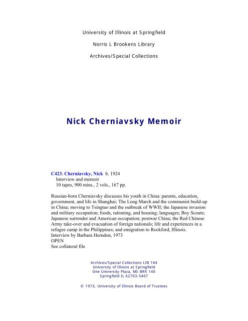 Nick Cherniavsky Memoir - University of Illinois Springfield