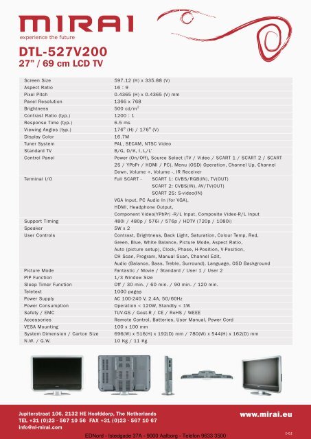 EDNord - Mirai LCD TV 27" DTL-527V200 Specifikationer
