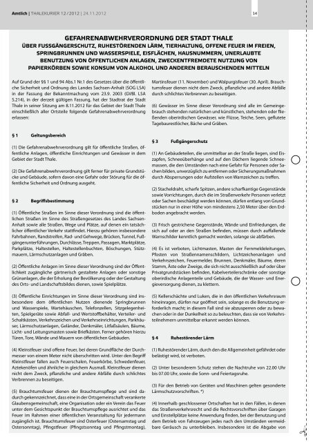 Gefahrenabwehrverordnung Der Stadt Thale