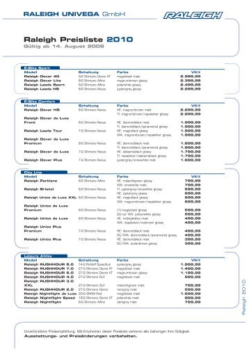 Raleigh Preisliste 2010
