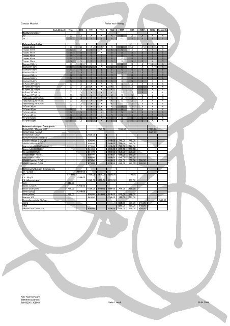 Campus Modular Preise nach Radtyp Rad-Modell Tour TR0 TR1 ...