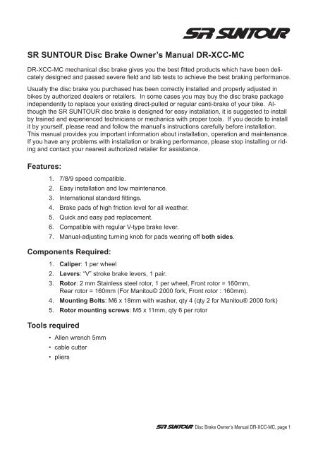 SR SUNTOUR Disc Brake Owner's Manual DR-XCC-MC - dbap GmbH