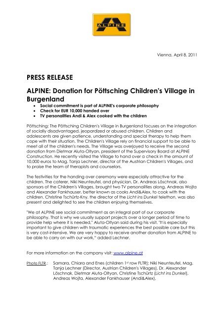 PRESS RELEASE ALPINE: Donation for P