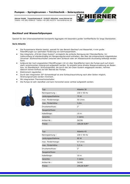 Produktübersicht Springbrunnenpumpen Pumpen ... - Hierner GmbH