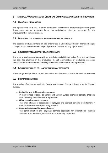 SWOT‐Analysis Chemical Logistics: Germany - Central Europe