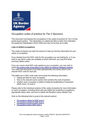 (SOC) code summary table - UK Border Agency