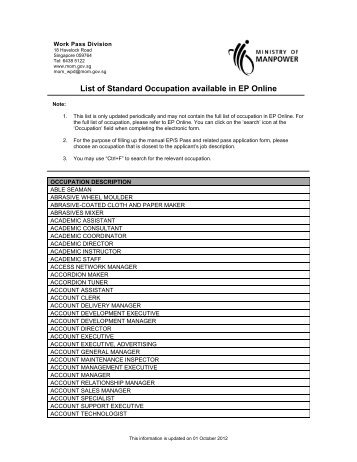 List of Standard Occupation available in EP Online