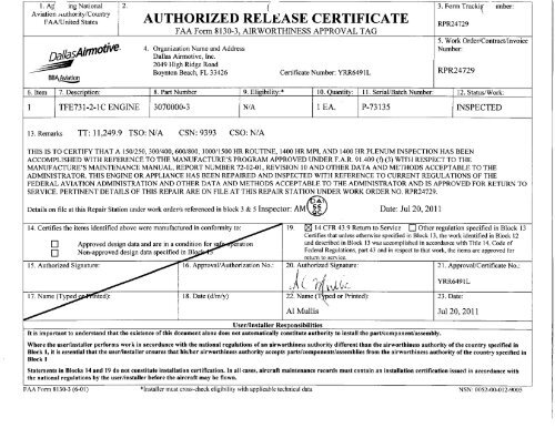 Optional FAA Form 8130-3 Airworthiness Approval Tag for FAA PMA Products