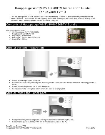 Hauppauge WinTV-PVR-250BTV Installation Guide ... - SnapStream