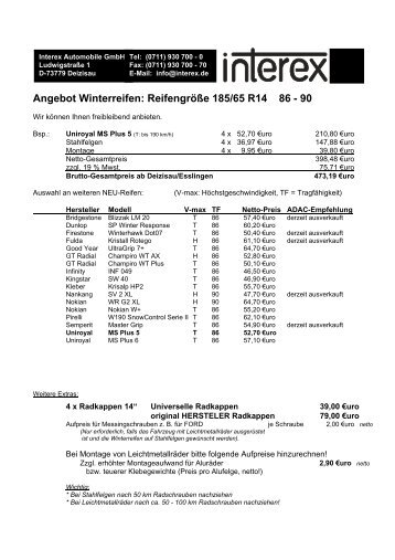 Angebot Winterreifen: Reifengröße 185/65 R14 86 - 90 - atep.eu