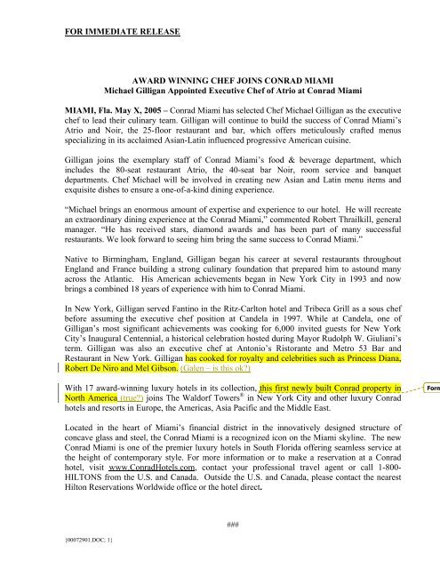 For Immediate Release Award Winning Chef Hilton