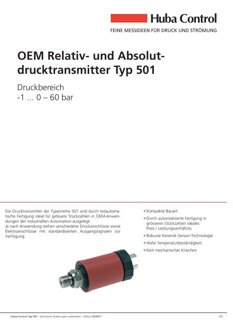 OEM Relativ- und Absolut- drucktransmitter Typ 501 - Huba Control