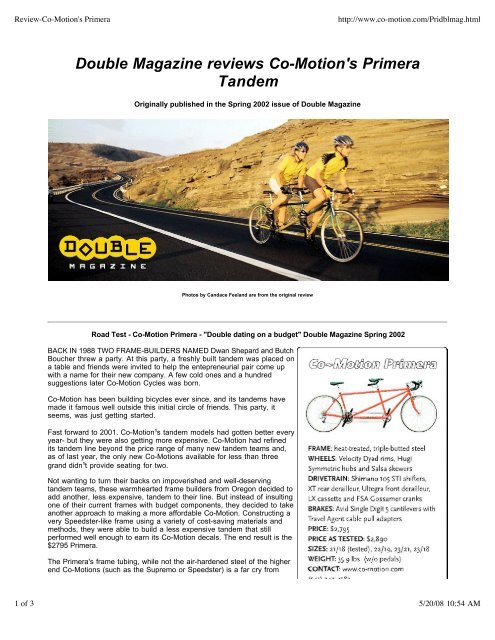 Double Magazine Reviews Co-Motion's Primera ... - Co-Motion Cycles