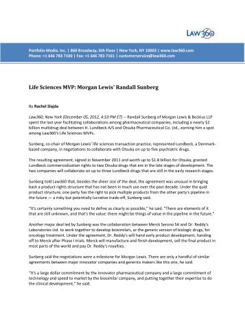 Life Sciences MVP: Morgan Lewis' Randall Sunberg, Law360