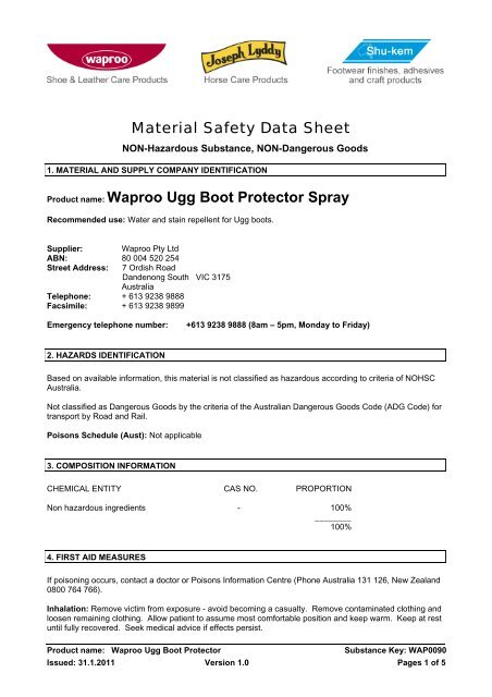 Ugg Boot Protector MSDS - Waproo