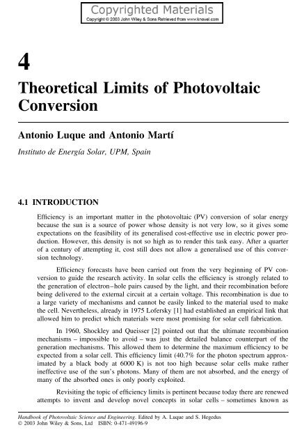 4 Theoretical Limits of Photovoltaic Conversion Antonio Luque