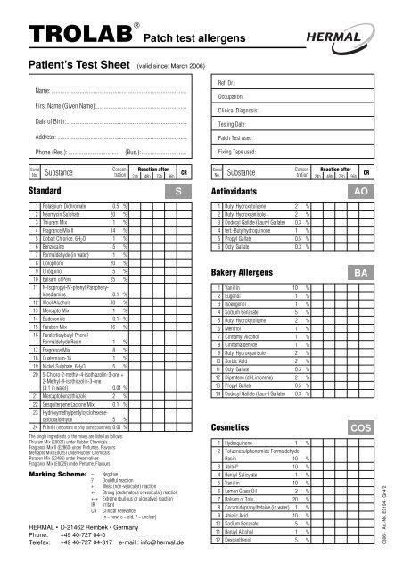 TROLAB Patch test allergens Patient's Test Sheet - Biopath