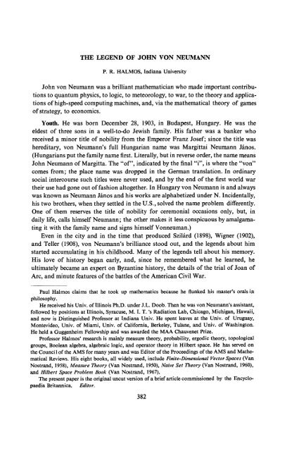 P R Halmos The Legend Of John Von Neumann P R Halmos The Legend Of John Von Neumann