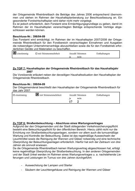 Niederschrift der Ratssitzung vom 29.01.2007 - Aktuelles