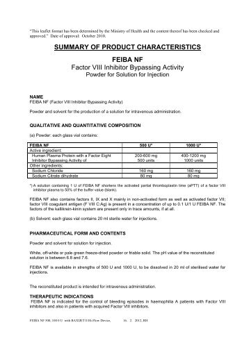 summary of product characteristics feiba nf