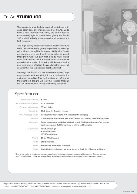 ProAc Studio 100 DataSheet.pdf - Igloo Audio