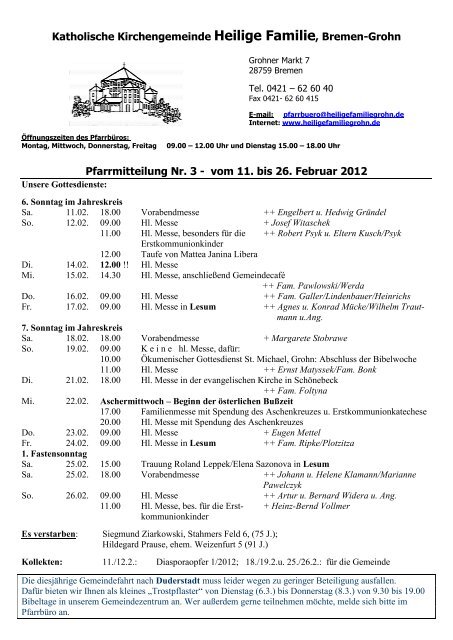 Katholische Kirchengemeinde Heilige Familie, Bremen-Grohn ...