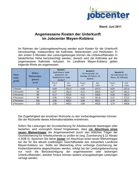 Angemessene Kosten der Unterkunft im Jobcenter Mayen-Koblenz