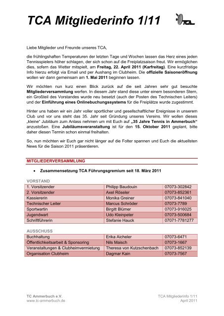 TCA Mitgliederinfo 1/11 - Tennisclub Ammerbuch e.V.