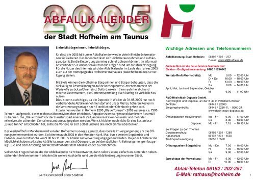 Abfall-Telefon 06192 / 202-257 E-Mail: rathaus@hofheim.de