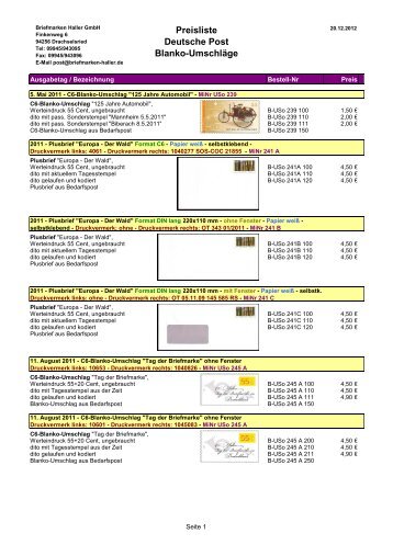 Preisliste Deutsche Post Blanko-Umschläge - Briefmarken HALLER