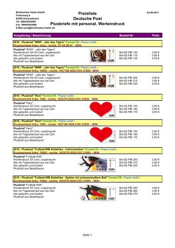 Preisliste Deutsche Post Plusbriefe mit personal. Werteindruck