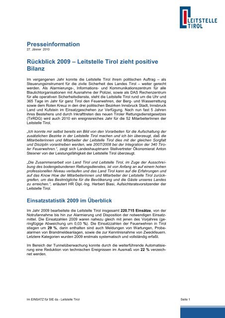 Presseinformation Rückblick 2009 – Leitstelle Tirol zieht positive ...