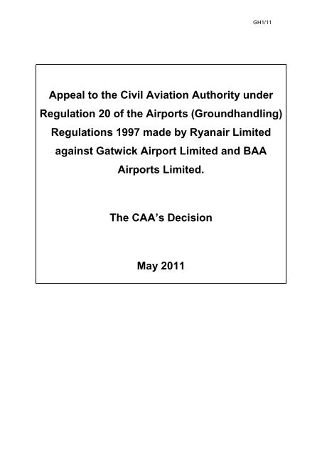 Appeal to the CAA under Regulation 20 of - Civil Aviation Authority