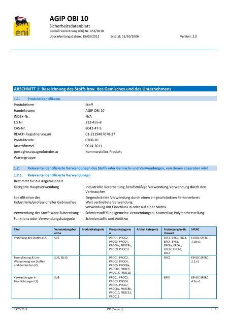 AGIP OBI 10 - Produkt- und Sicherheitsdatenblätter