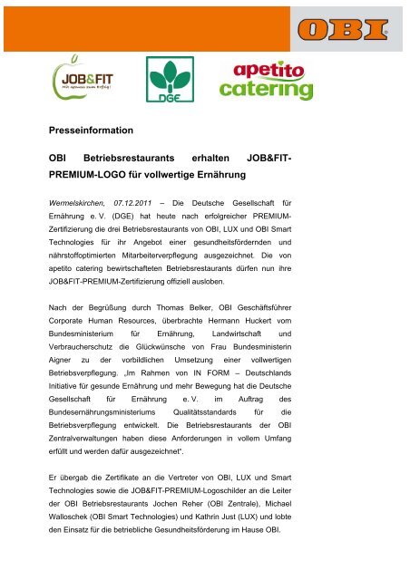 Presseinformation OBI Betriebsrestaurants ... - apetito catering