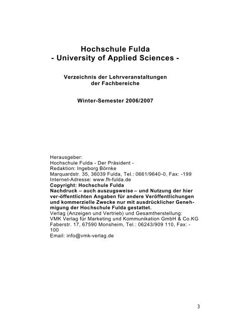 Winter 2006/07 Vorlesungsverzeichnis - Hochschule Fulda