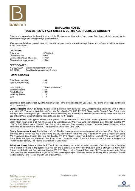 Baia Lara Hotel Summer 2012 Fact Sheet Ultra All Inclusive Concept
