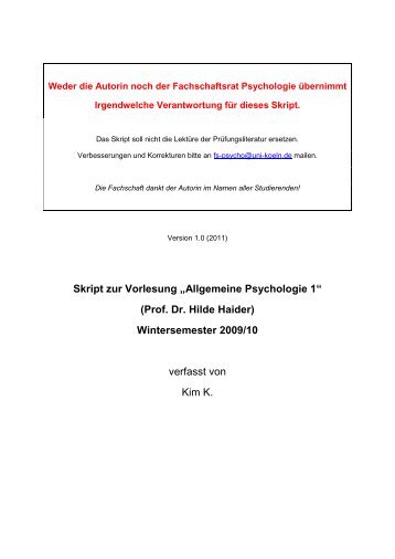 Skript zur Vorlesung „Allgemeine Psychologie 1“ - Fachschaft ...