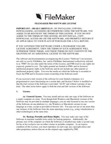FILEMAKER PRO SOFTWARE LICENSE IMPORTANT -- READ ...