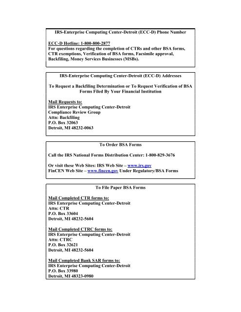 IRS-Enterprise Computing Center-Detroit (ECC-D) Phone  - FinCEN