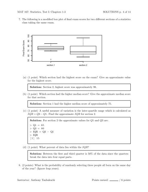 SOLUTIONS MAT 167: Statistics Test I - Anthony Tanbakuchi