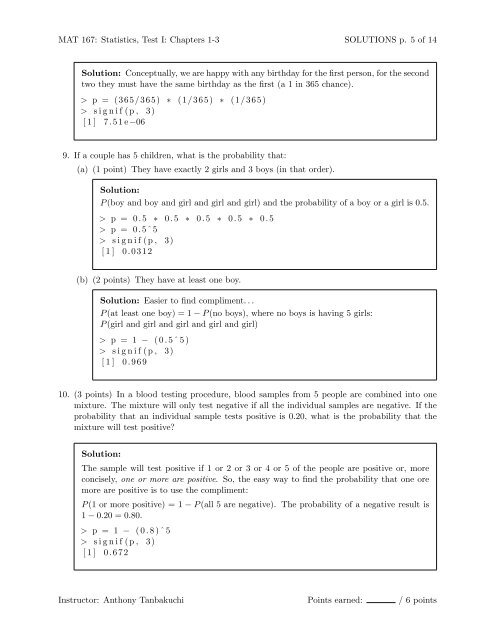 SOLUTIONS MAT 167: Statistics Test I - Anthony Tanbakuchi