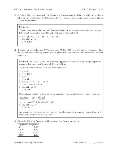 SOLUTIONS MAT 167: Statistics Test I - Anthony Tanbakuchi